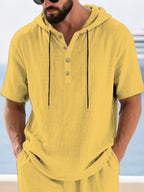 [2Pcss Set] Linen Hooded Short Sleeve Outfit Men'S Vacation Style Loose Casual Home Beach 2Pcss Set - Yellow+Green