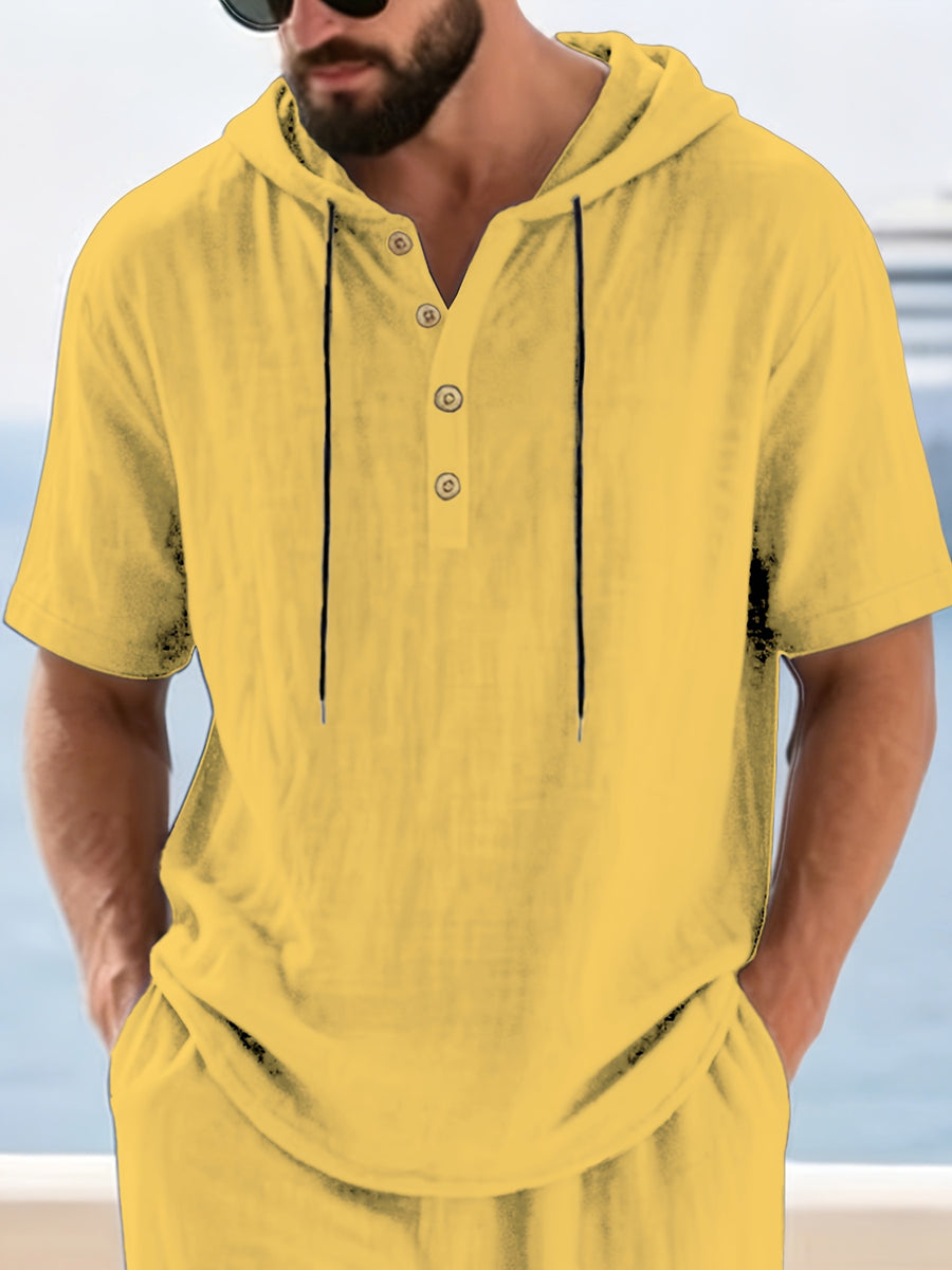 [2Pcss Set] Linen Hooded Short Sleeve Outfit Men'S Vacation Style Loose Casual Home Beach 2Pcss Set - Yellow+Green