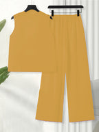 Chinese Style Embroidered Women's Set, Breathable Vest and Pants Outfit - Two-Piece Casual Elegant Ensemble - ginger-colored