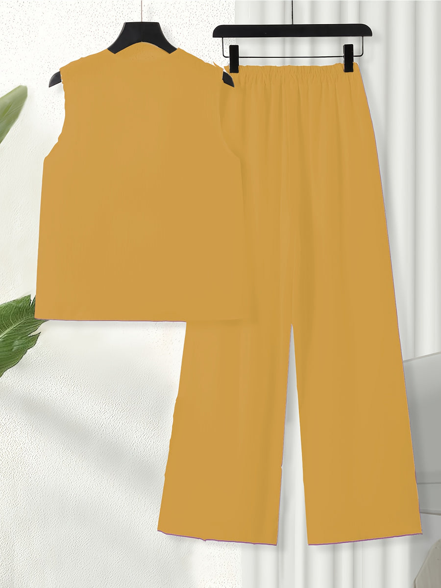 Chinese Style Embroidered Women's Set, Breathable Vest and Pants Outfit - Two-Piece Casual Elegant Ensemble - ginger-colored