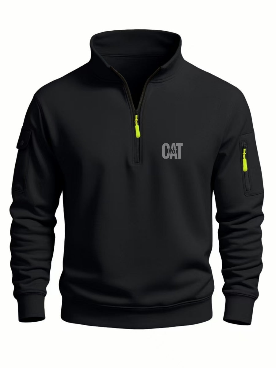 Spring and Autumn Men's Half-Zip Sweatshirt with Print, Loose Fit, Stand-Up Collar, Casual Sport Pullover - Black