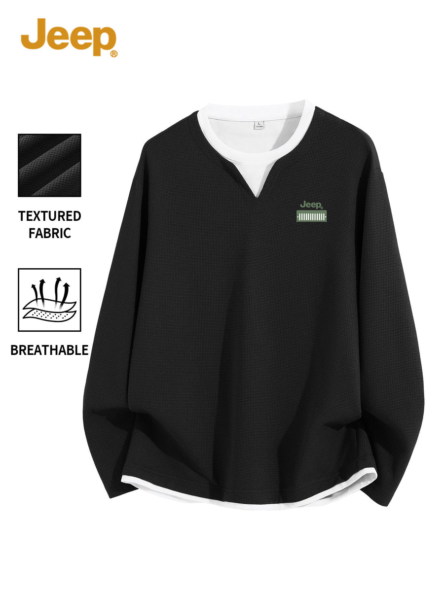 JEEP Men'S Printed Waffle Knit Long Sleeve T-Shirt for Spring And Autumn - Black