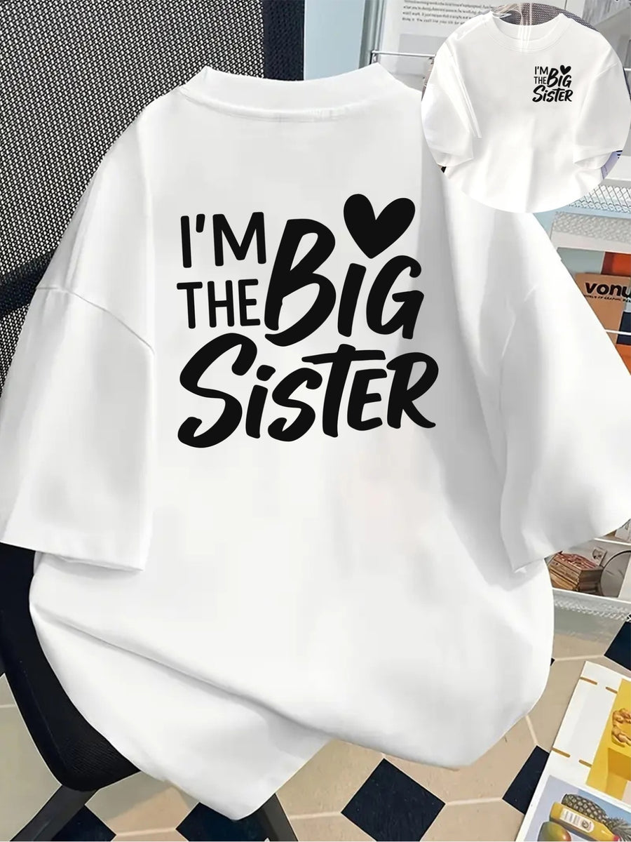 Ladies' Casual Short-Sleeve T-Shirt, I Am The Big Sister, Featuring a Soft Short-Sleeve Print, Front And Back Design, Loose-Fitting Round Neck Top in Japanese And Korean Style, White, Machine Washable, Suitable for Spring And Summer - White