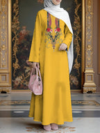 Women'S Hot Middle Eastern Style Muslim Elegant Robe, Bright Yellow Background with Ethnic Floral Print, Easy Straight Long Sleeve Cut, for Prayer, Banquets, And Outings, Quality Flowing Non-Embroidered Craft - Mixed colors