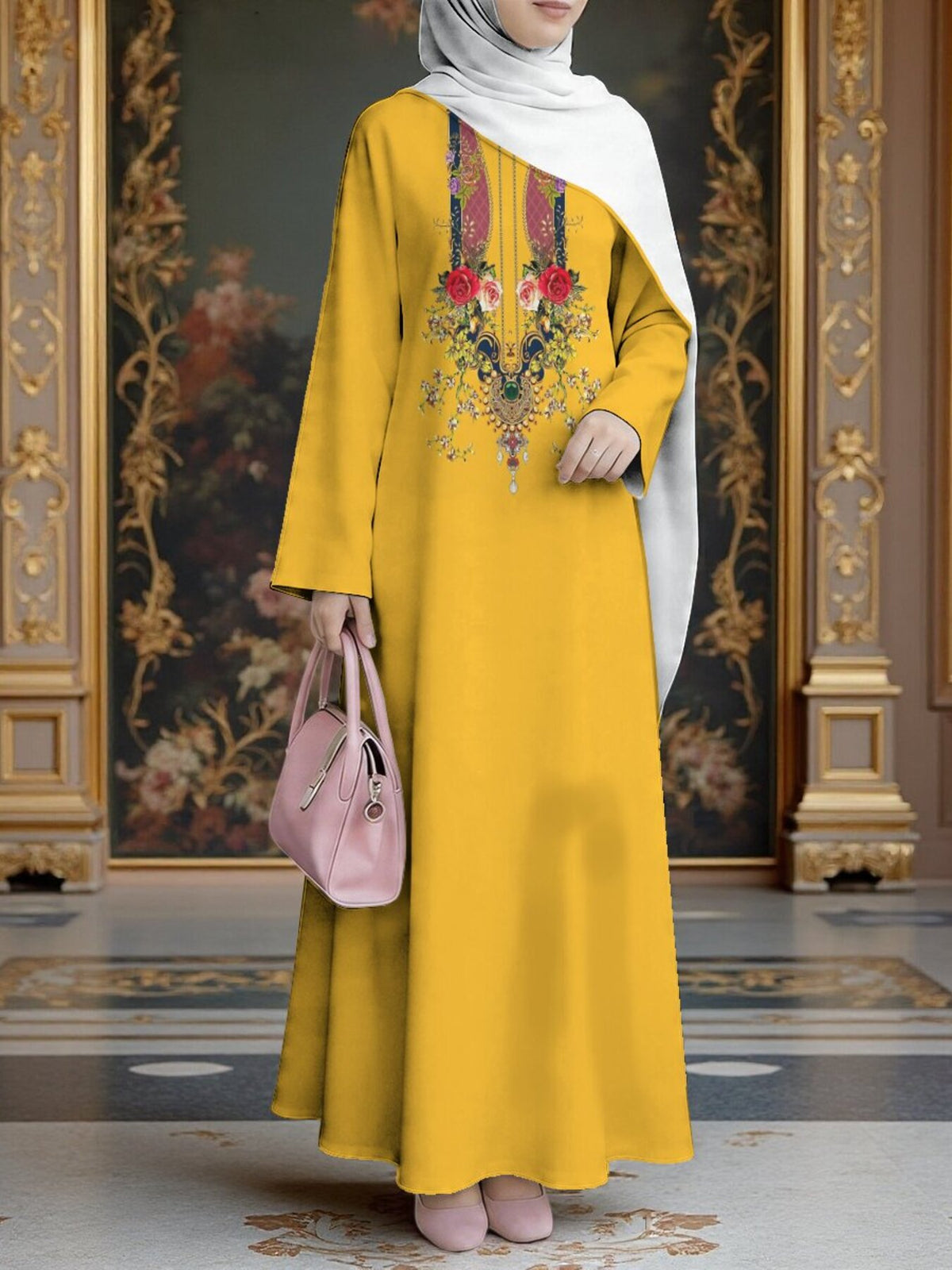 Women'S Hot Middle Eastern Style Muslim Elegant Robe, Bright Yellow Background with Ethnic Floral Print, Easy Straight Long Sleeve Cut, for Prayer, Banquets, And Outings, Quality Flowing Non-Embroidered Craft - Mixed colors
