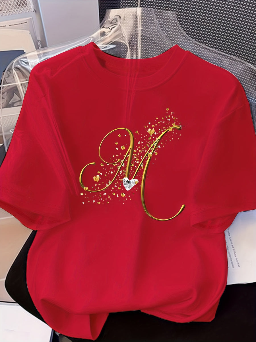 Women's Casual Short Sleeved T-shirt - M Letter Pattern Print, Regular Round Neck Top, Suitable for All Seasons, Women's Clothing - Red