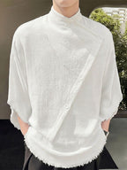Men Leisure Tops Tassel Decor Stand Collar Half Sleeve Loose Thin Outdoor Street Summer Casual Shirt - White
