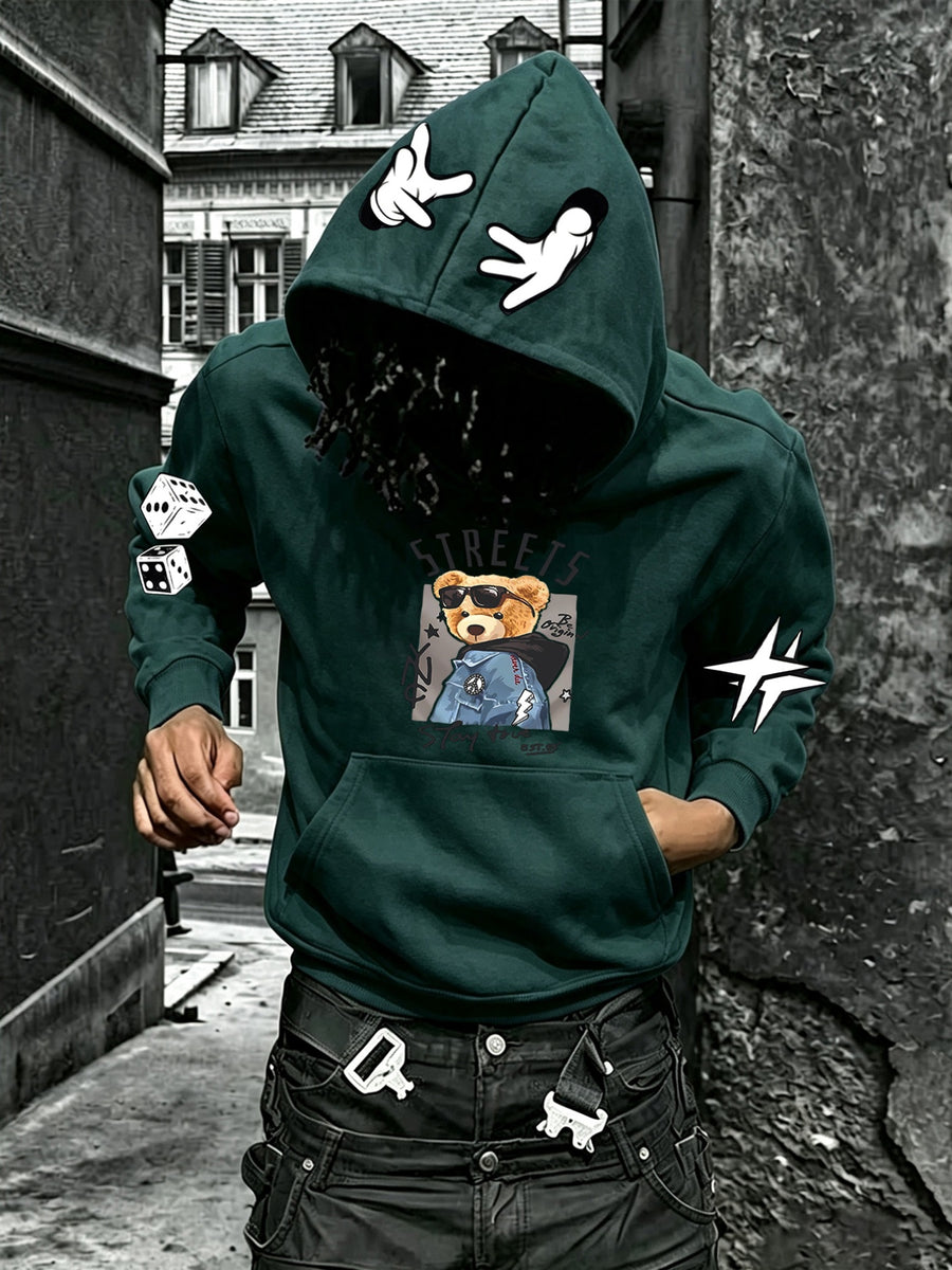 Men'S Autumn/Winter Hoodie, Wearing Sunglasses with Faux Denim Jacket Teddy Bear Street Style Print Hooded Sweatshirt, Street Fashion Men'S Hooded Sweatshirt, Casual Relaxed Fit, Suitable for Daily Wear, Casual Sportswear - Blackish Green