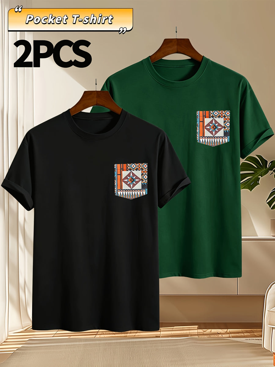 2pcs Men's Round Neck Pocket Short-Sleeve T-Shirt, Suitable for Summer Outdoor Casual Wear, Versatile Casual Knit Top, Men's Casual Pocket Design Sport T-Shirt - Black+Blackish Green