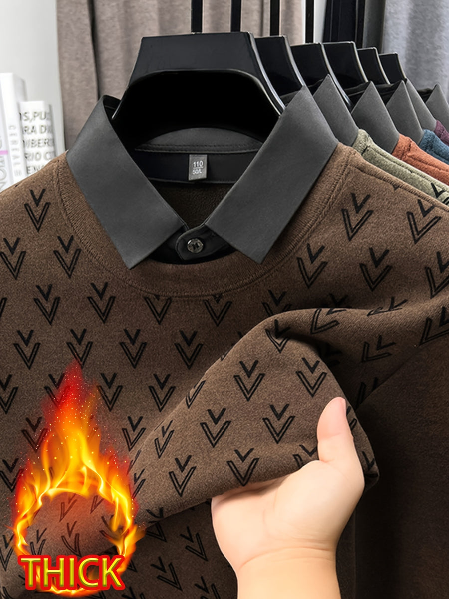 Thickened Men'S Shirt Collar Fake Two-Piece Sweater, Shirt Collar Fake Two-Piece Pullover, Long Sleeve, Ribbed Cuffs And Hem, Fall/Winter Outerwear And Inner Wear - SINBOS, Knit - Mocha Brown