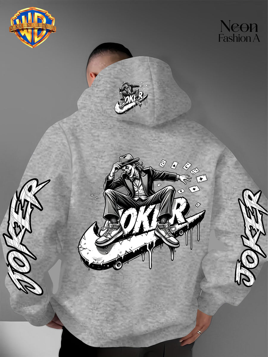 Warner Bros. Official Men'S Autumn Winter Trendy Print Hooded Fleece Sweatshirt, Long Sleeve Pullover Hoodie, Black And White Line Art Skateboard Joker Dripping Graffiti Trendy Print Pattern, Kangaroo Pouch And Drawstring Design - Light Grey