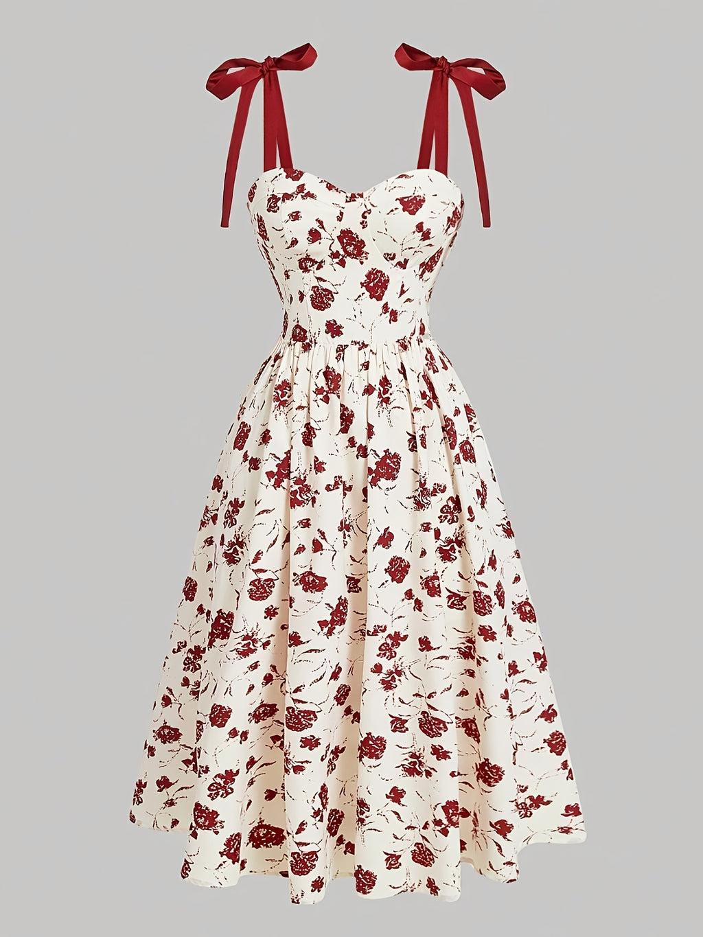 Bowknot Spring Break Long Summer Floral Print Tie Shoulder Strap Dress - Burgundy