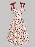 Bowknot Spring Break Long Summer Floral Print Tie Shoulder Strap Dress - Burgundy