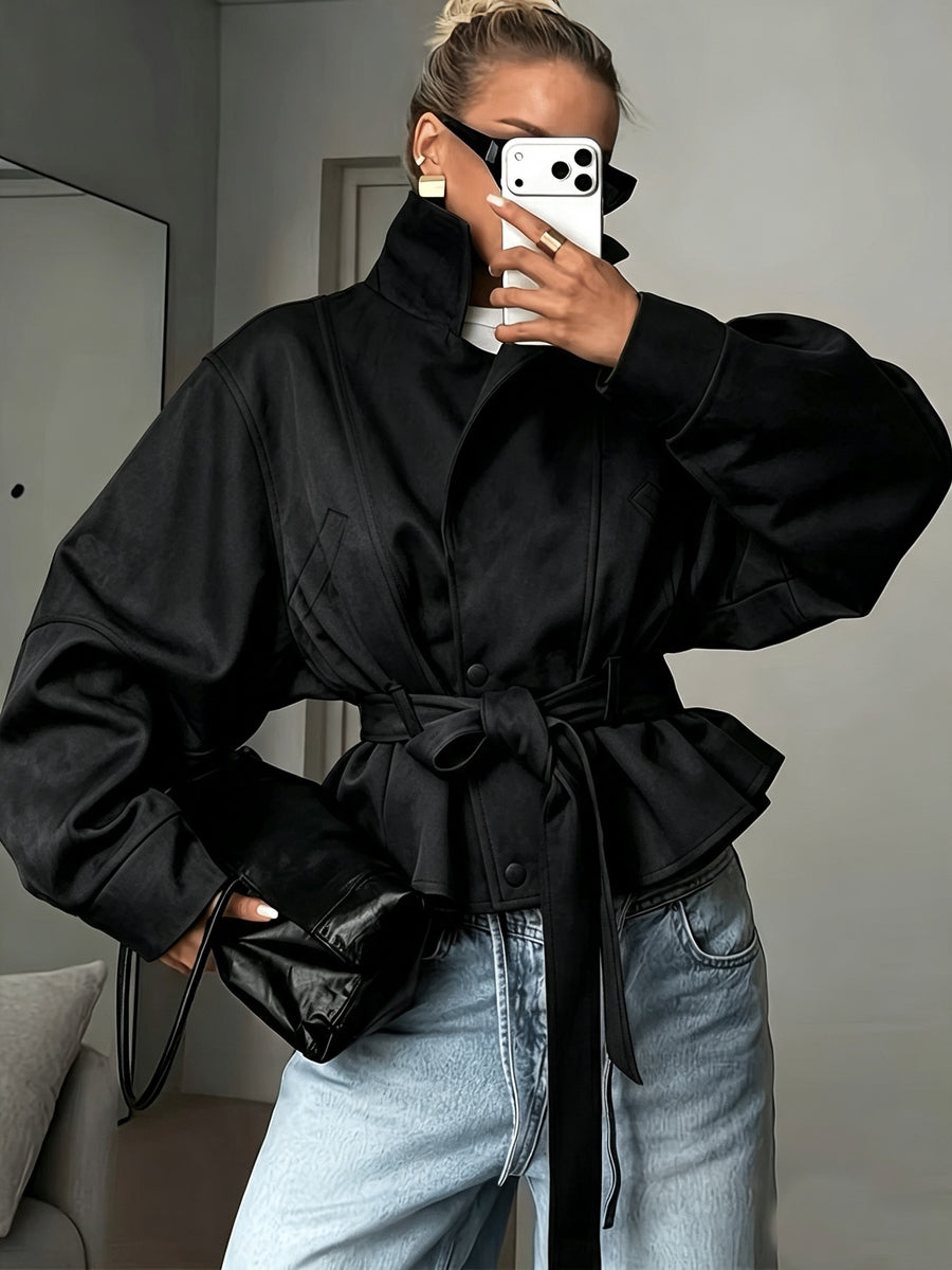 New Cross-Border Women'S Fashionable Elegant Women'S Early Autumn Tie-Up Solid Color Long Sleeve Coat - Black