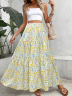 Women's Elegant Spring/Summer Bohemian Vacation Style Small Floral Print High-Waist Long A-Line Flared Beach Dress - Yellow
