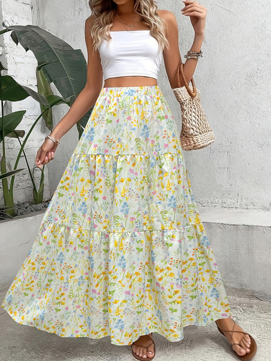 Women's Elegant Spring/Summer Bohemian Vacation Style Small Floral Print High-Waist Long A-Line Flared Beach Dress - Yellow
