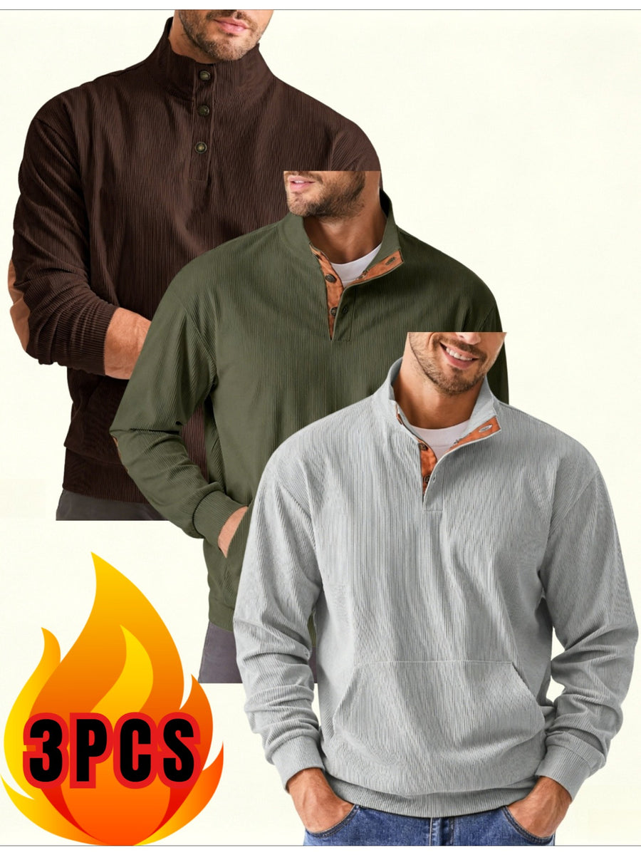 Men's 3pcs Set Corduroy Half-Button Stand Collar Long Sleeve Fashion Sweatshirt, Contrast Color Buttons Half-Open Placket, Double Elbow Applique Patches, Front Kangaroo Pocket, Ribbed Cuffs and Hem Vintage Casual Sweatshirt - zong+lv+hui