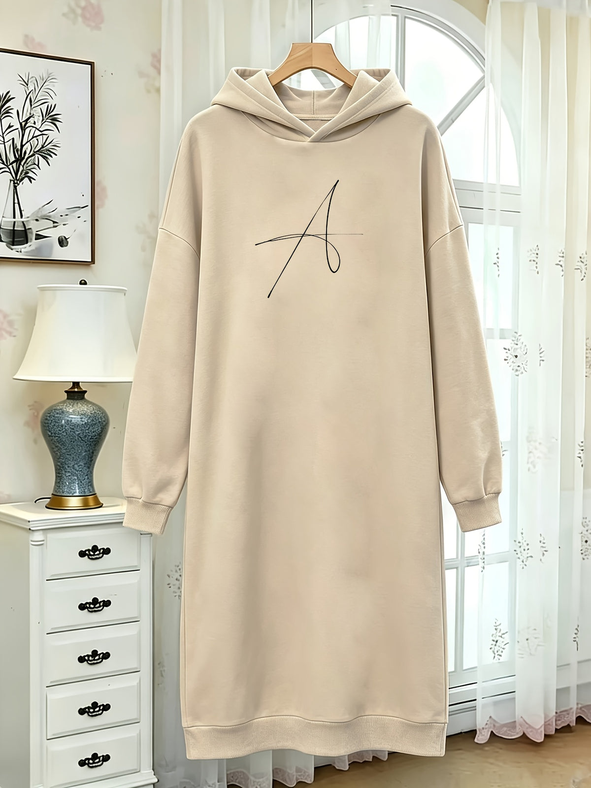 Autumn and Winter Women's Fashion Casual -lined Thickened Pullover Long Sleeve European and American Hooded Sweatshirt with Print Sweatshirt Long Trendy Casual Versatile - Apricot