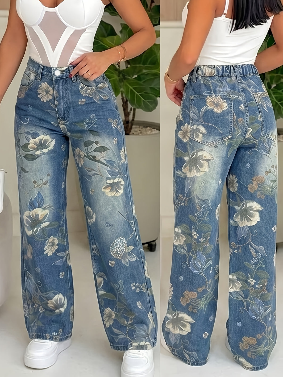 Women'S Wide-Leg Straight Jeans, Wide Cuffed Elastic Waist, Printed Washed Blue Denim, New Arrival, 2 Styles Available: Office And Casual, Fashionable And Versatile - Blue