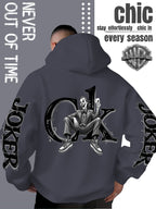 Men'S Hooded Sweatshirt, Western Trendy Cool Black And White Sketch Joker Theme Print, Sleeves with Same Series Splatter Art Lettering, Breathable And Skin-Friendly Fabric, Showcasing ' Fashion Sense, Ideal Gift for Holidays And Birthdays - Dark Gray