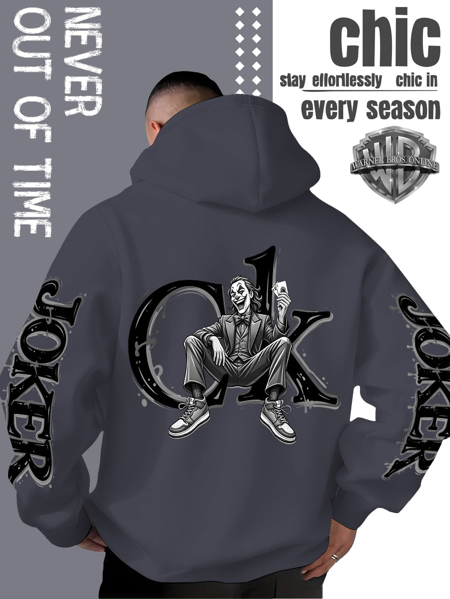 Men'S Hooded Sweatshirt, Western Trendy Cool Black And White Sketch Joker Theme Print, Sleeves with Same Series Splatter Art Lettering, Breathable And Skin-Friendly Fabric, Showcasing ' Fashion Sense, Ideal Gift for Holidays And Birthdays - Dark Gray