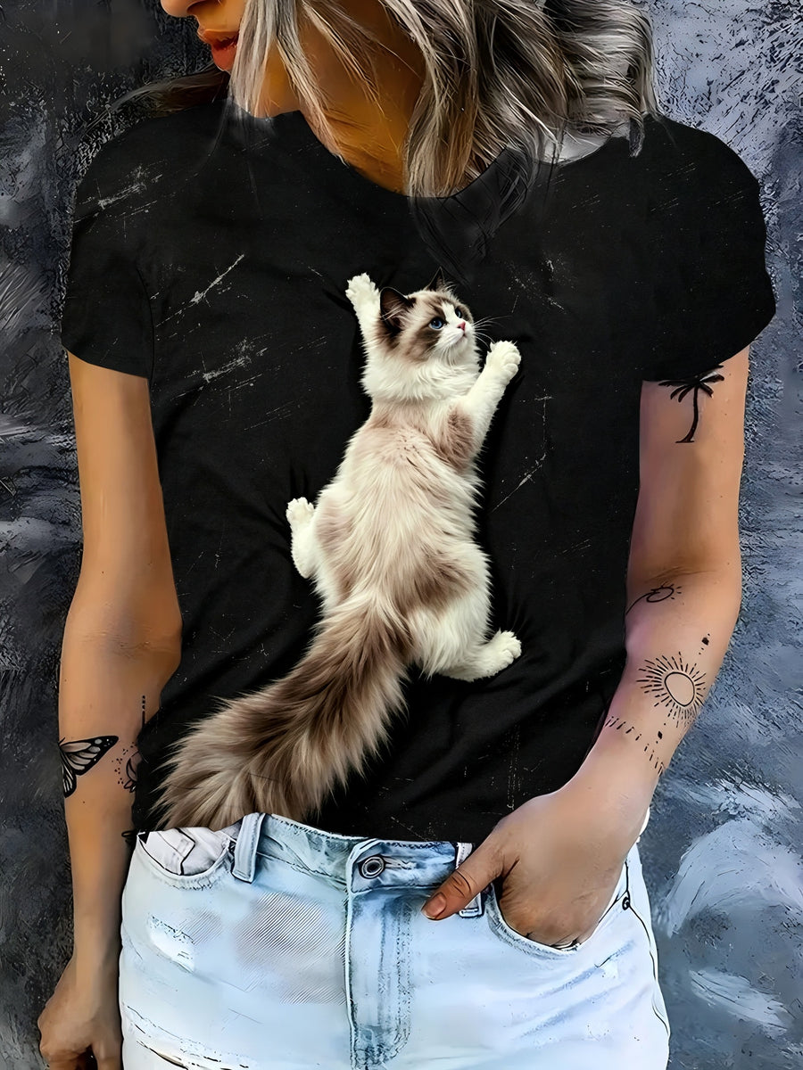 Women'S Summer New Arrival Cute Ragdoll Cat Print Crew Neck Short Sleeve T-Shirt, Casual Loose Fit, Comfortable And Durable, Machine Washable, Versatile for Daily, Sports, And Vacation Wear - Black