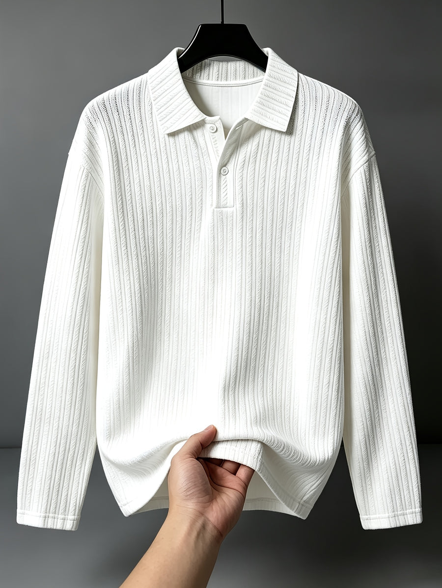 Men'S Sweatshirt, Vintage Textured Collar T-Shirt, Autumn Trendy Brand Slim Fit Top, Casual Versatile Premium Long Sleeve - White