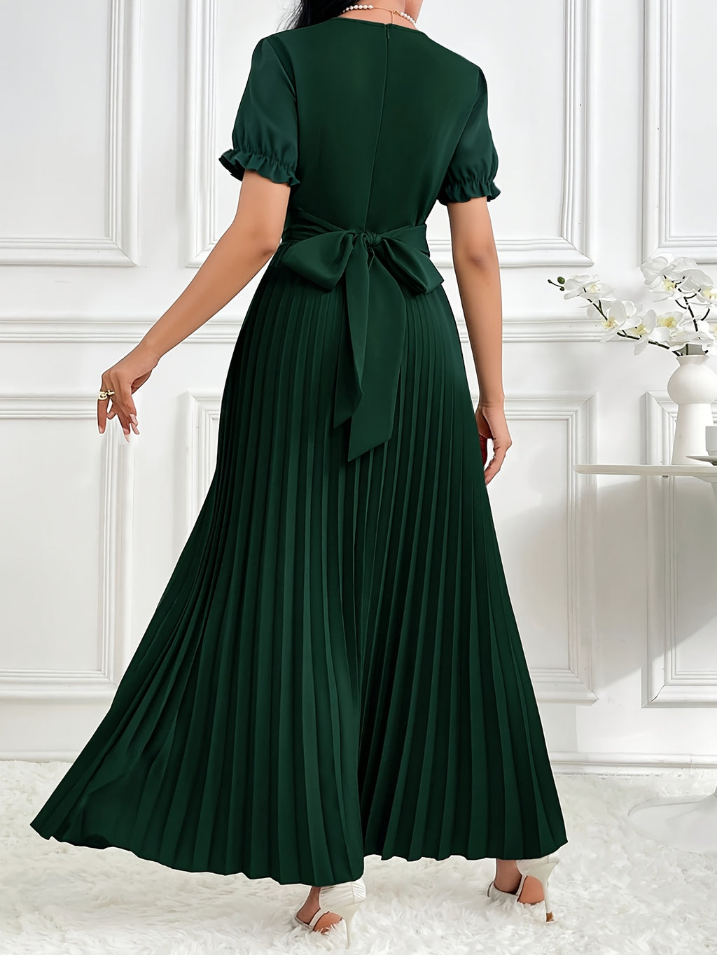 Women'S Solid Lantern Sleeve Ruffled Elegant Long Dress, Spring/Summer - Dark Green