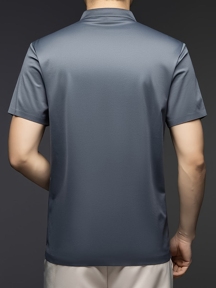 Joshime OBM Men's T-Shirt, New Summer Style, Men's Stand Collar Solid Color Short Sleeve Tee, Middle-Aged Casual Half-Sleeve T-Shirt - Grey