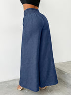 【imitation denim】[Printed Pants - Not Faux Denim Fabric]Women'S Elegant And Fashionable Faux Denim Waist Metal Buckle Elastic Waist Wide-Leg Pants, Solid Color Casual Comfortable Commuting Street Vacation Slightly Loose Straight-Leg Pants - Sea Blue
