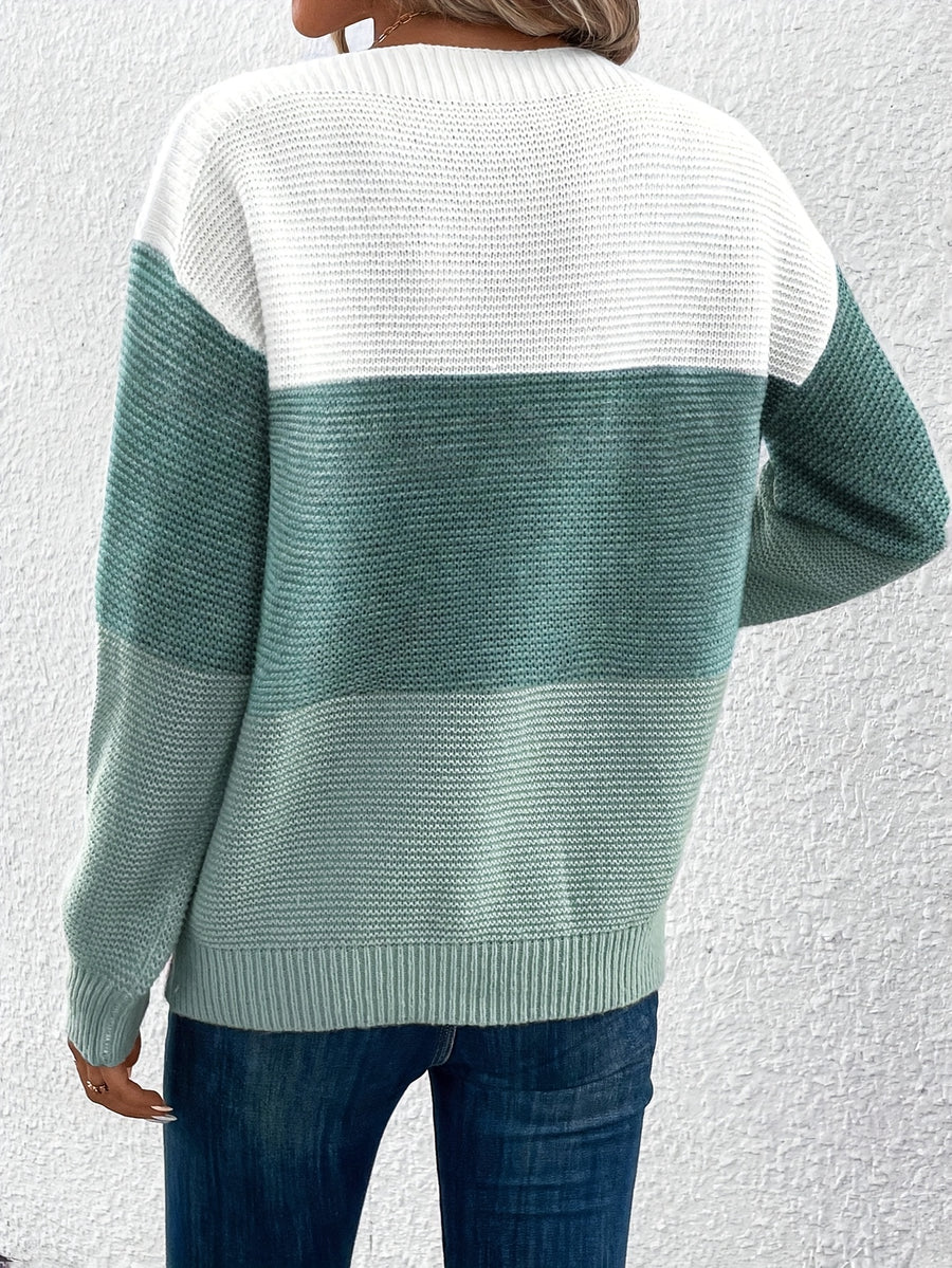 Newly Popular Color-Blocked Drop-Shoulder Sweater - Green