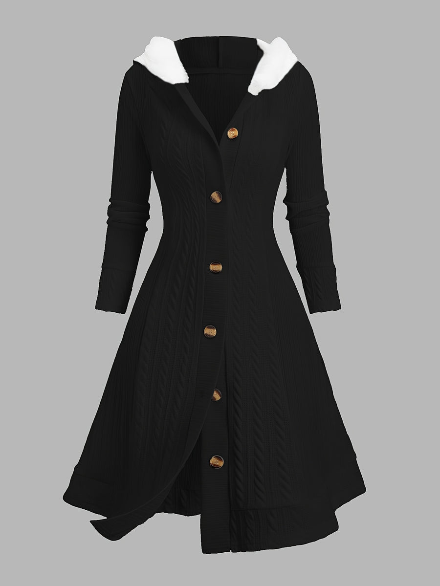 Y2K Cable Plaid Patchwork Hooded Button-Up Long Cardigan - Black