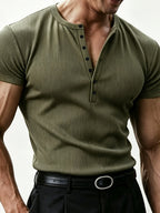 Italian-inspired Light Luxury Men's Textured Henley Collar Ribbed Short-sleeve T-shirt. Three-dimensional Tailoring Reshapes the Inverted Triangle Silhouette. Features Skin-friendly, Highly Elastic, and Breathable Fabric. Suitable for Multiple - Military Green