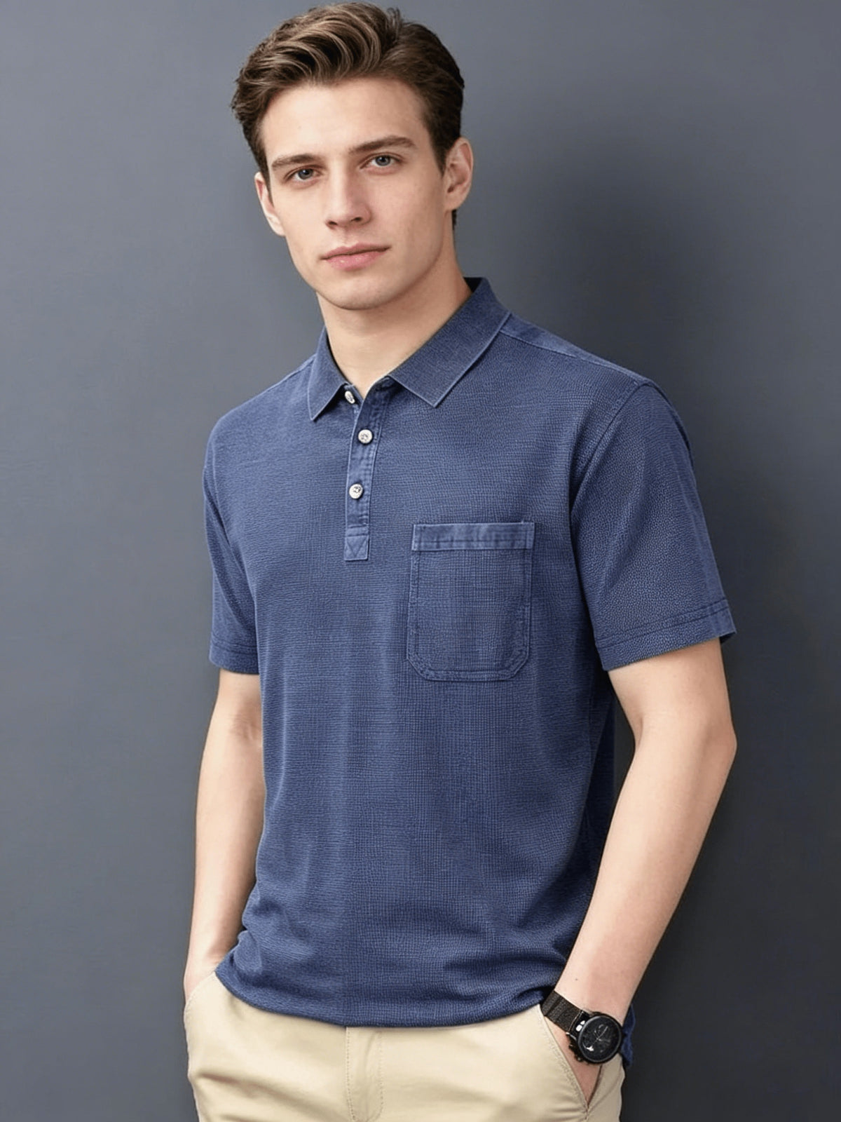 Mid-Age Men'S Washed Distressed Vintage T-Shirt Polo Shirt Top Solid Casual Top British Style with Pocket - Blue
