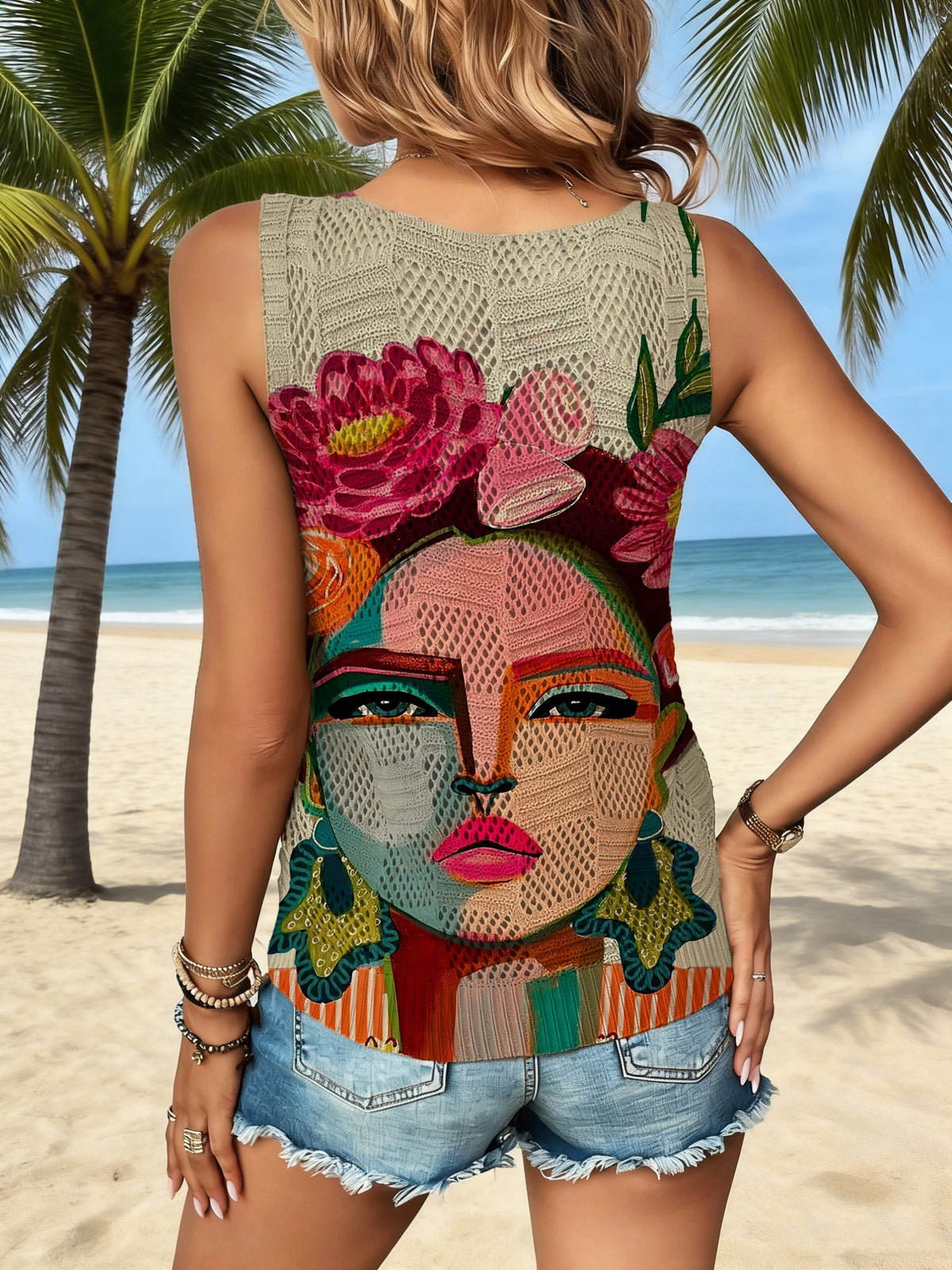Women's Spring/Summer Sleeveless Tank Top, Early Spring Hollow-Out Versatile Regular V-Neck Inner Layer Tank Top, Summer Soft Comfortable Breathable Hollow-Out Elegant Temperament Nap Tank Top, Fresh Floral Portrait Print Simple High-End Versatile - Rose Red