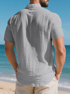 Men'S Pure Henley Shirt Spring And Summer Casual Breathable Sweat-Absorbent Linen Texture Short-Sleeved Half Placket Pocket Easy Solid Color Small Stand-Up Collar POLO Shirt, Sweat-Resistant - Grey