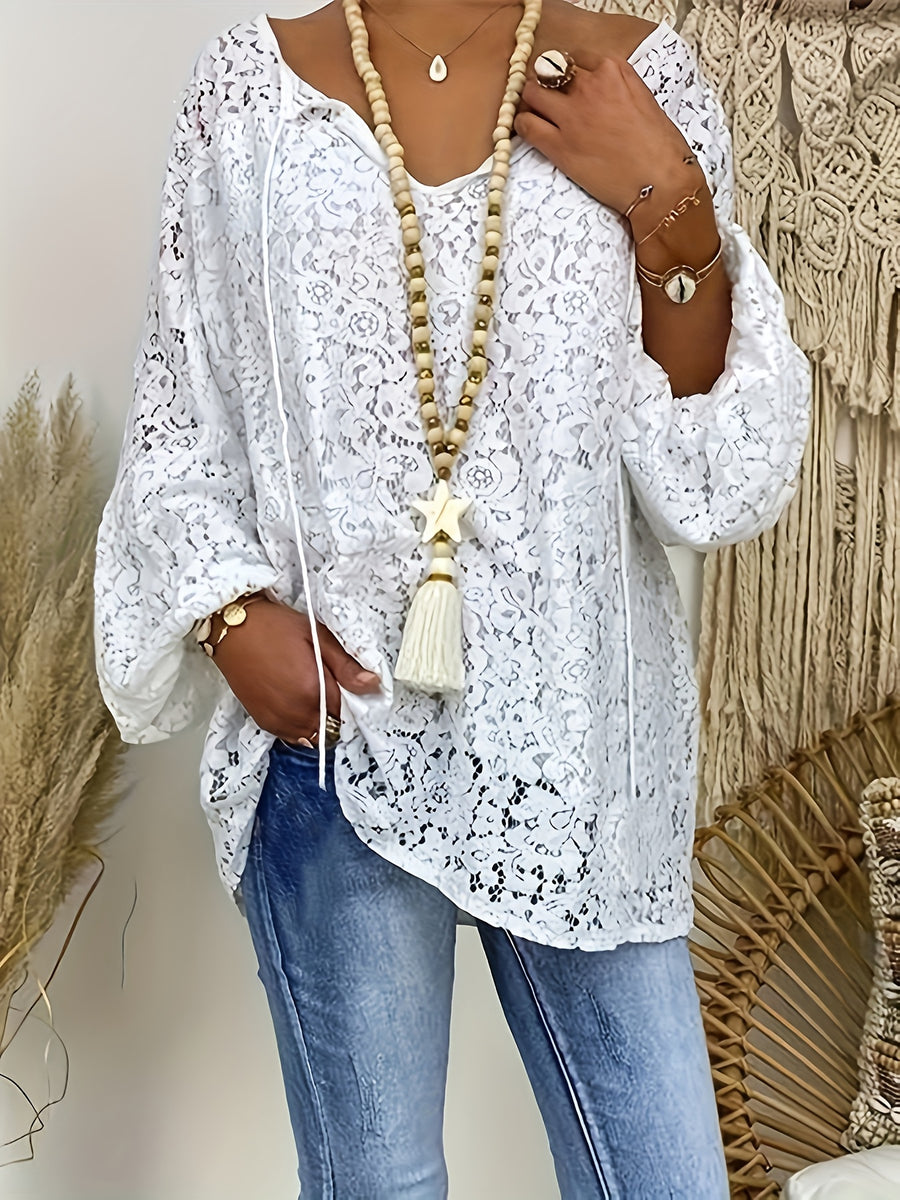 Ladies' clothing, casual fashion, elegant, transparent, solid color long sleeved, lace, solid color shirt - White