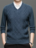 Men's Solid Color V-Neck Sweater - Basic Knit Pullover Sweater Suitable for Fall/Winter, Warm Casual Long-Sleeve Knitwear, Hand Washable V-Neck Sweater for Office & Casual Attire, All Sizes S - blue gray