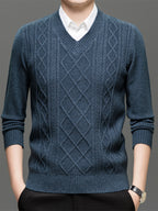 Men's Solid Color V-Neck Sweater - Basic Knit Pullover Sweater Suitable for Fall/Winter, Warm Casual Long-Sleeve Knitwear, Hand Washable V-Neck Sweater for Office & Casual Attire, All Sizes S - blue gray