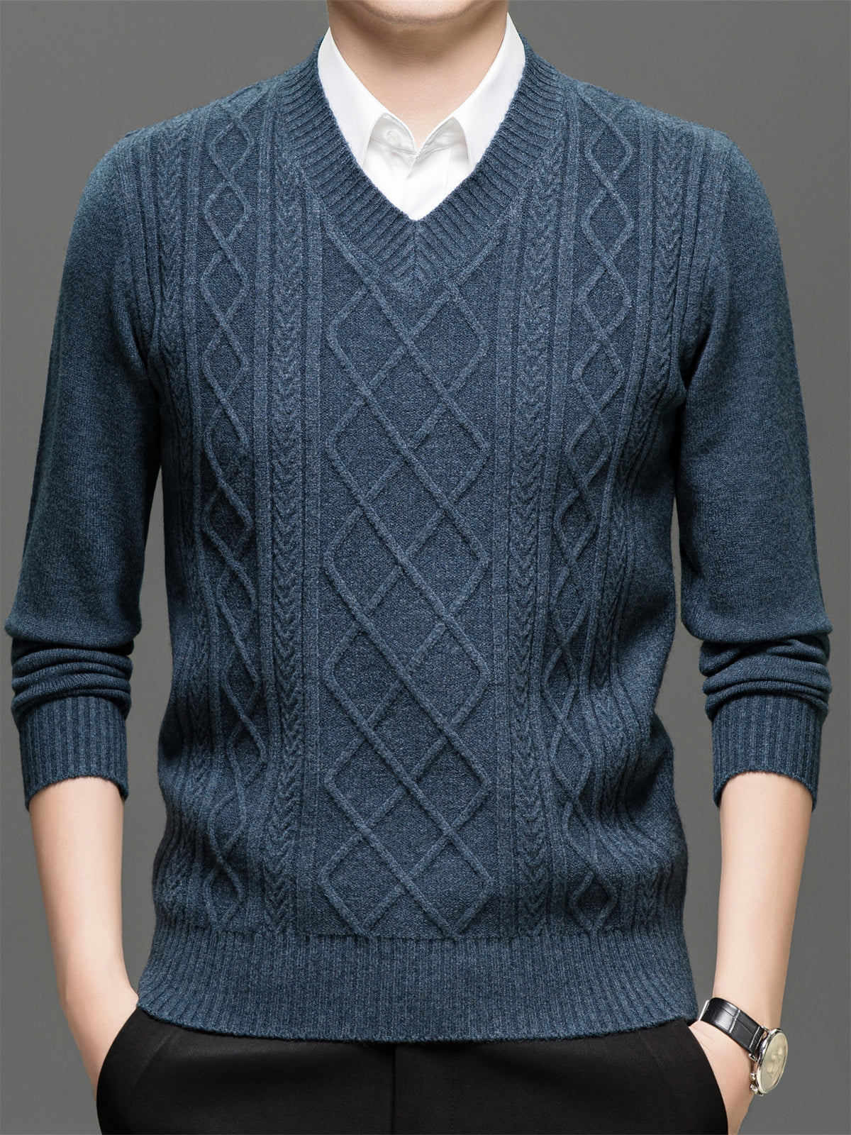 Men's Solid Color V-Neck Sweater - Basic Knit Pullover Sweater Suitable for Fall/Winter, Warm Casual Long-Sleeve Knitwear, Hand Washable V-Neck Sweater for Office & Casual Attire, All Sizes S - blue gray