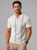 Men'S Digital Print Zipper Collar Short Sleeve Polo Shirt Casual Fashion Street Style Beige Blue Brown Stripe T-Shirt Summer Autumn Outdoor Wear - Mixed colors