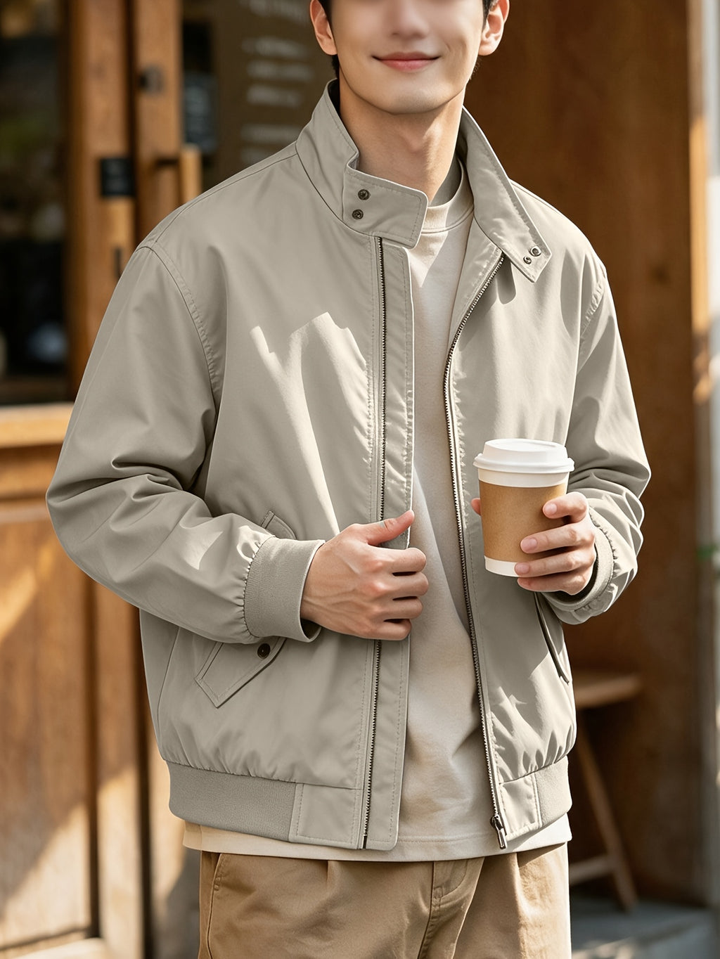 Men'S Spring Autumn Stand-Up Collar Casual Jacket, 100% Loose Fit, Ribbed Cuff Zippered Cardigan Coat, Solid Color Multi-Pocket Men'S Sporty Jacket, Suitable for Commuting, School, Daily Walking, Weekend Outings - Light Grey