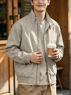 Men'S Spring Autumn Stand-Up Collar Casual Jacket, 100% Loose Fit, Ribbed Cuff Zippered Cardigan Coat, Solid Color Multi-Pocket Men'S Sporty Jacket, Suitable for Commuting, School, Daily Walking, Weekend Outings - Light Grey