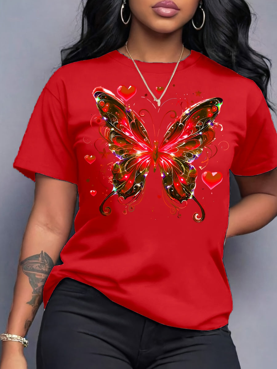 Casual T-Shirt for Women Featuring a Bow Print, Short Sleeves, And a Crew Neck. Made from Lightweight, Perfect for Spring And Summer. Machine Washable with a Butterfly Design, This Glossy Finish Tee Offers a Comfortable Fit for Everyday Wear. - Red