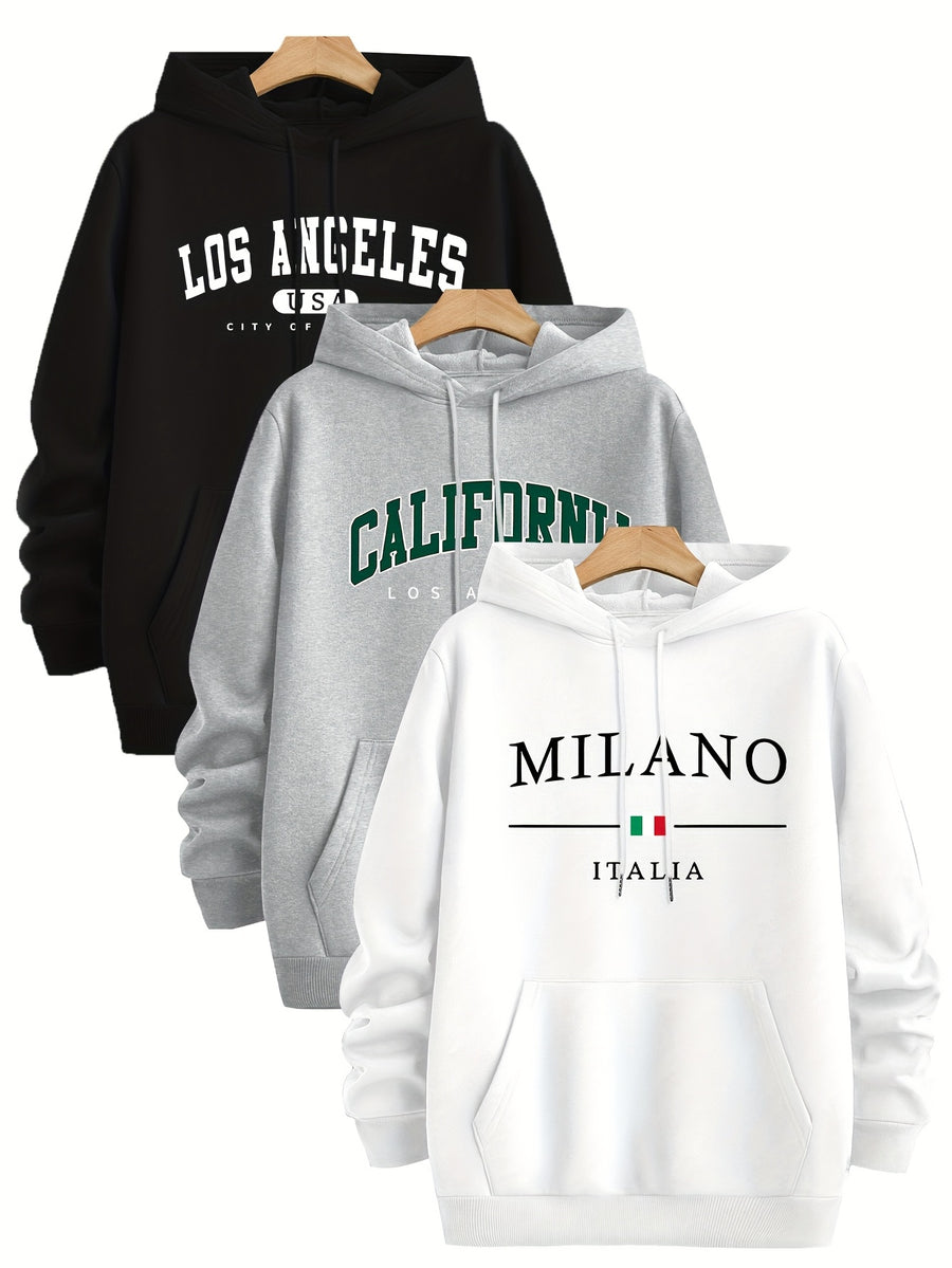 3pcs Urban Element Print Sweatshirt, Men's Casual Hooded Sweatshirt, Long-sleeve Pullover, Slight Stretch, Knitted Polyester Fabric, Regular Men's Hoodie - Black+light Gray+white