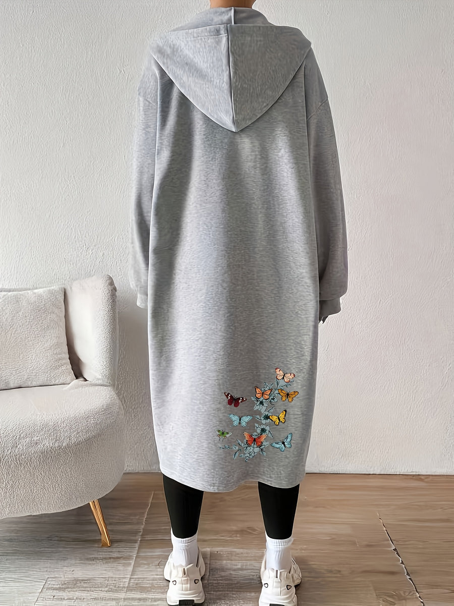 Women's Fashion Color-Block Zip-Up Jacket with Various Butterfly Pattern Prints - Light Grey