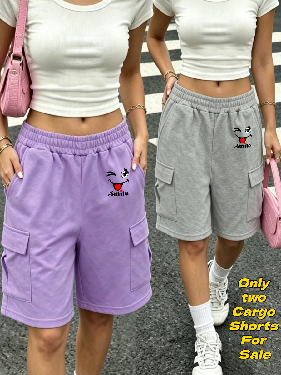 Style Printed Cargo Bermuda Shorts 2Pcss Set, Loose Wide-Leg Cut to Conceal Thigh, Elastic Drawstring High-Waist Fit Waistband Non-Tight, Soft And Breathable Fabric Suitable for Daily Outings, Campus Commute, And Home Walks - Purple+Grey