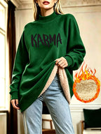 Easy KARMA Letter Print Mock Neck Long Sleeve Fleece Sweatshirt Women'S Fall Winter Casual Sweatshirt Dress - Green