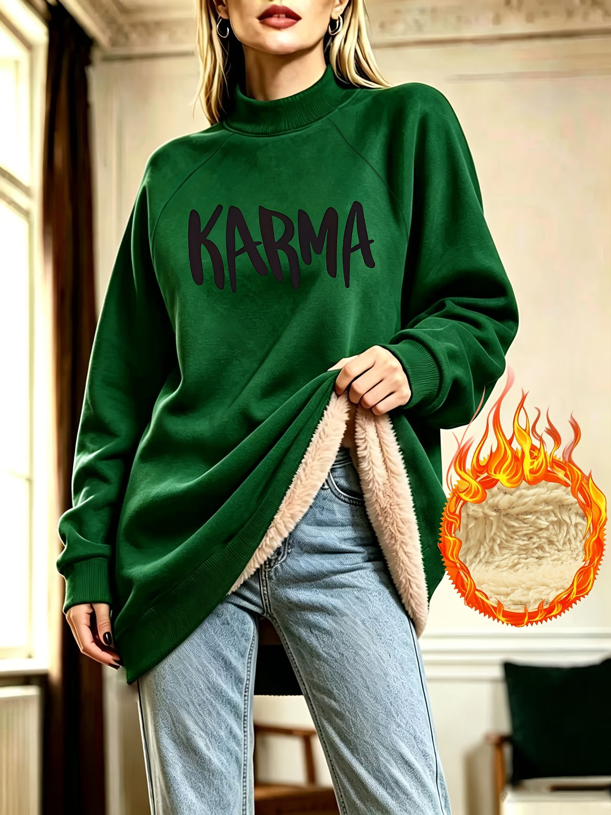 Easy KARMA Letter Print Mock Neck Long Sleeve Fleece Sweatshirt Women'S Fall Winter Casual Sweatshirt Dress - Green