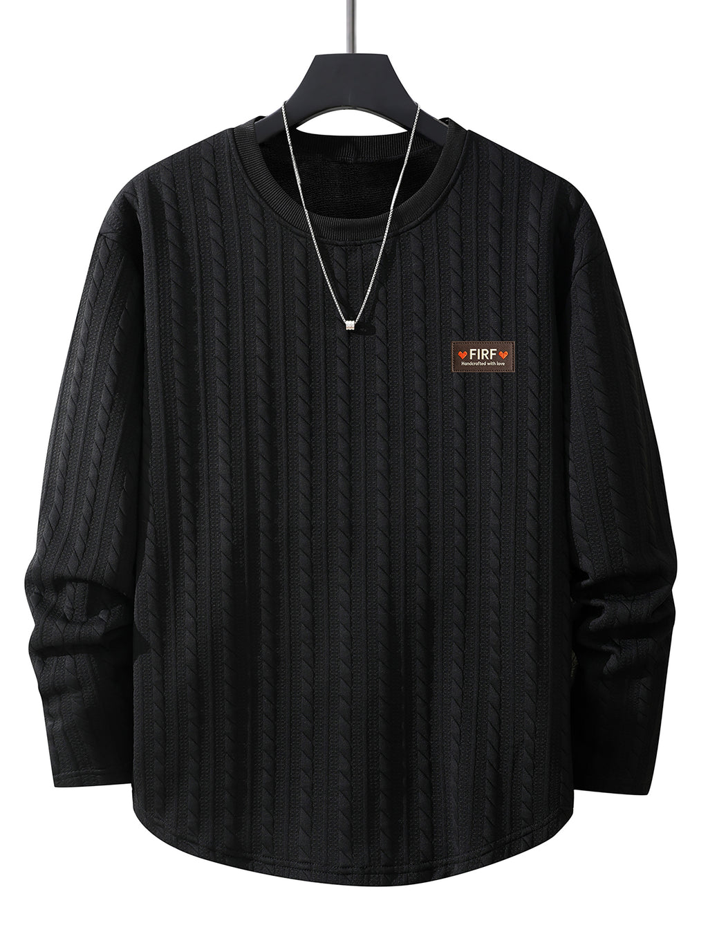 Men's Round Neck Fashionable Vintage Artistic Style Jacquard Knit Textured Fabric Autumn/Winter Long Sleeve Casual Outerwear Regular Fit Versatile Top for Dates, Gatherings, and Outings - Black
